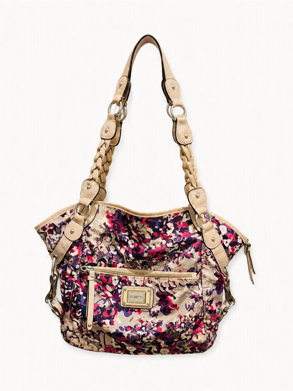 Rosetti Beige Shoulder Bag with Pink and Purple Floral Print